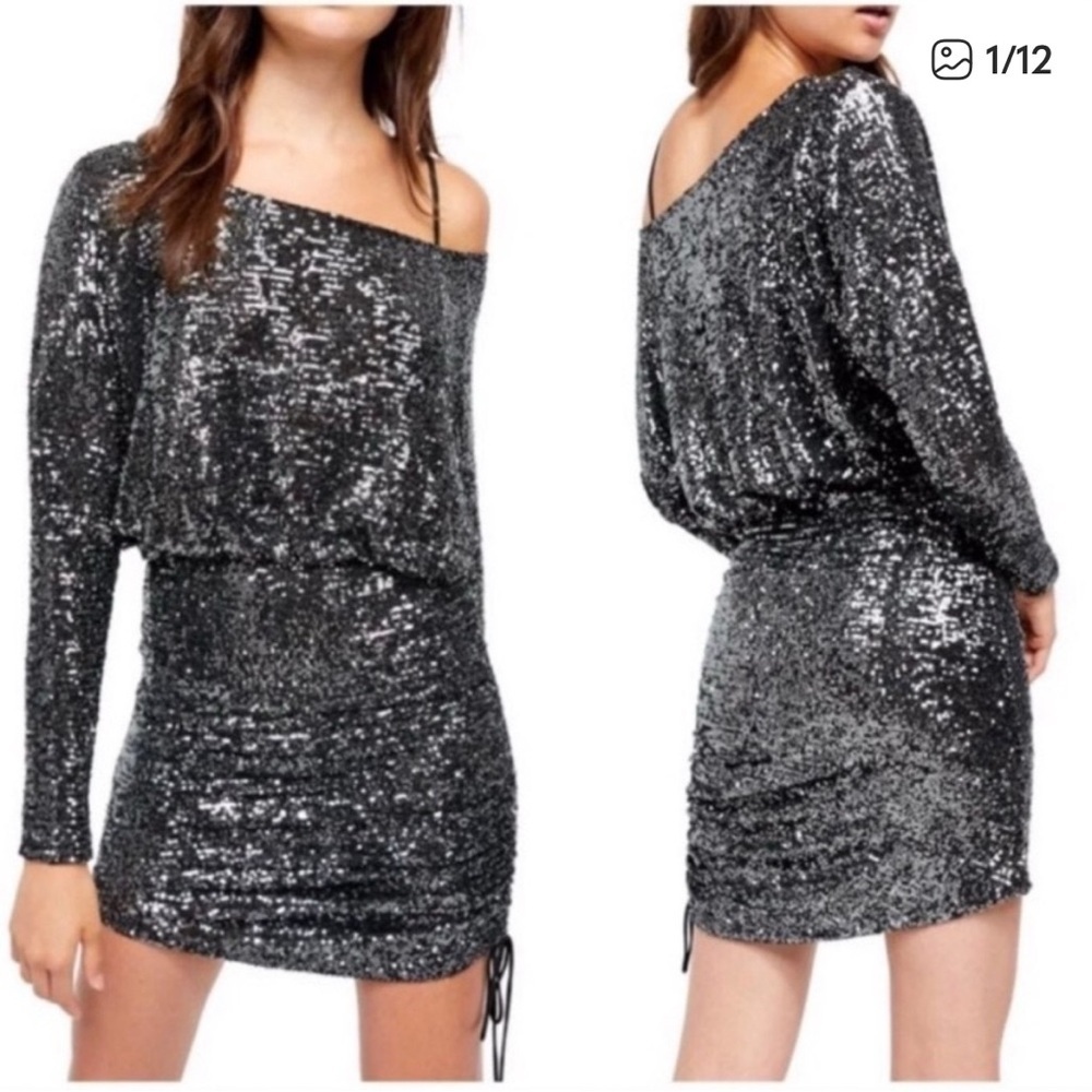 Free People Large Graphite Giselle Sequin Long Sleeve Ruched Skirt Mini Dress - Picture 2 of 15